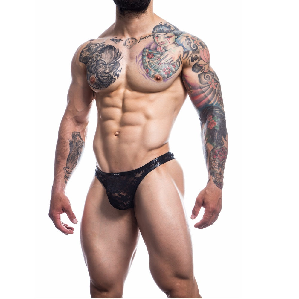 C4M Lace Thong in Black - Soft Lace, Ergonomic Pouch, High Rise Back, Unmatched Comfort - a luxurious and sexy underwear choice for enhanced masculinity and comfort.