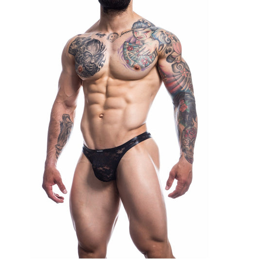C4M Lace Thong in Black - Soft Lace, Ergonomic Pouch, High Rise Back, Unmatched Comfort - a luxurious and sexy underwear choice for enhanced masculinity and comfort.