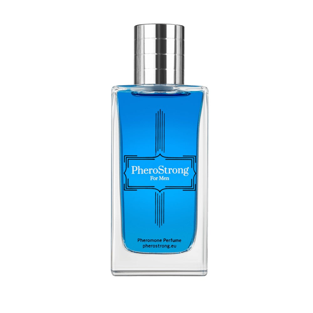 PheroStrong Pheromone Perfume for Men 50ml showcasing its elegant packaging and luxurious citrus and woody fragrance, ideal for enhancing attraction with captivating scent notes of grapefruit, marine accord, and guaiac wood.