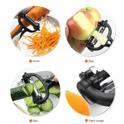 Multi-functional rotary peeler demonstrating its versatility: grating carrots, peeling apples, slicing cucumbers, and opening oranges effortlessly.