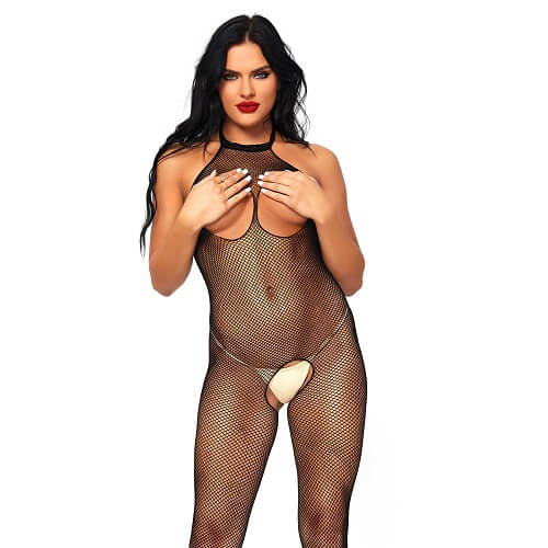 Luxury Leg Avenue Seamless Fishnet Halter Bodystocking featuring an alluring open bust and crotch design, crafted from 100% nylon for a flawless fit.