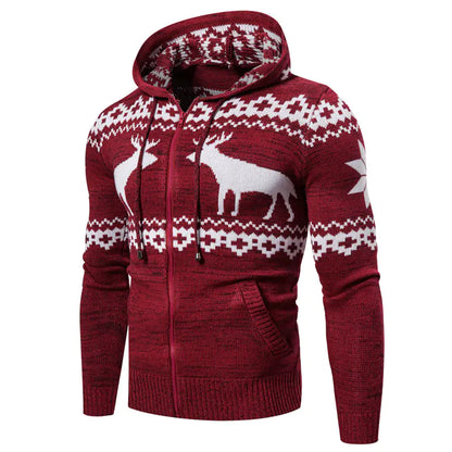 Charming display of the reindeer motifs on the Men's Reindeer Knit Zipper Hoodie, perfect for holiday events.