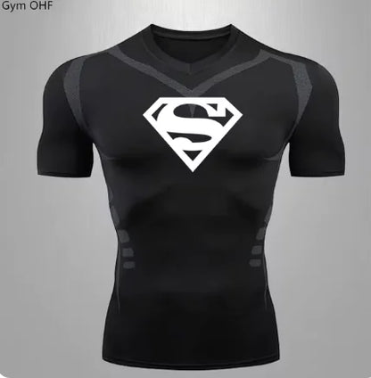 Sleek black men's quick-dry compression t-shirt with a white 'Superman' logo and sophisticated design, tailored for fitness enthusiasts.