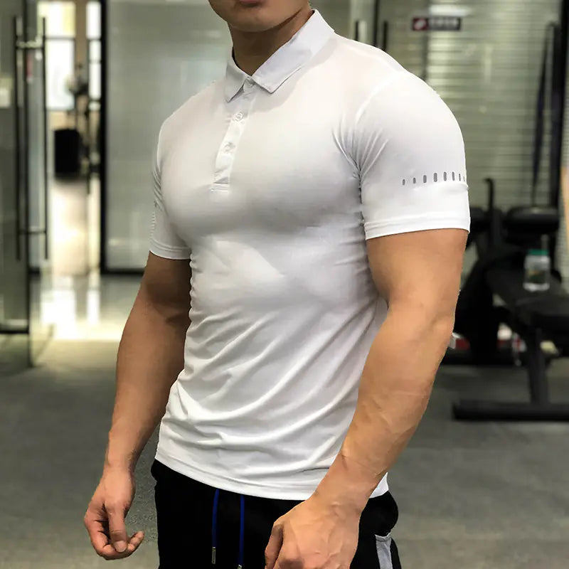 Male athlete wearing a stylish black compression shirt while exercising, highlighting its elasticity and comfort during intense activities