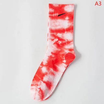 Eye-catching Women's Tie-Dye Middle Tube Socks in red and white, offering vibrant comfort for a stylish statement.