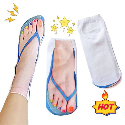 Stunning visual of Women's Novelty Gift Super Comfy Manicure Print Socks with detailed flip-flop illustrations and colourful nail polish designs, embodying playful style.