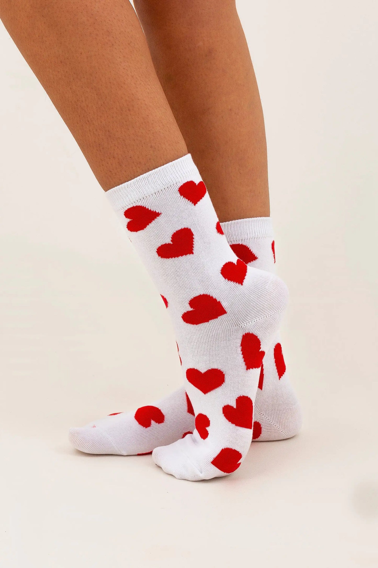 Womens Cute Romantic White Socks with Red Hearts