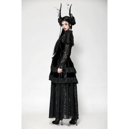Full-length view of the Gothic Velvet Lace Princess Gown in black, featuring long sleeves and a dramatic flow that embodies dark romantic elegance.
