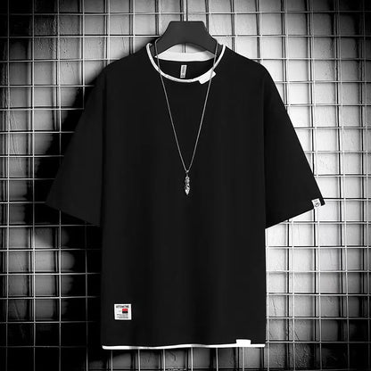 Close-up view of the O-neck design of the Men's Summer Casual Tee by Dazzling Dreams Studio, showcasing its premium quality and comfort.
