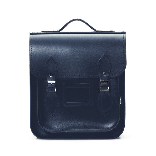 Luxury navy blue handmade leather city backpack by Zatchels, featuring silver nickel buckles and a sleek design, perfect for tablets and laptops.