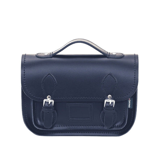 Elegant Navy Leather Midi Satchel, handcrafted with premium leather, showcasing a chic design with polished nickel silver buckles.