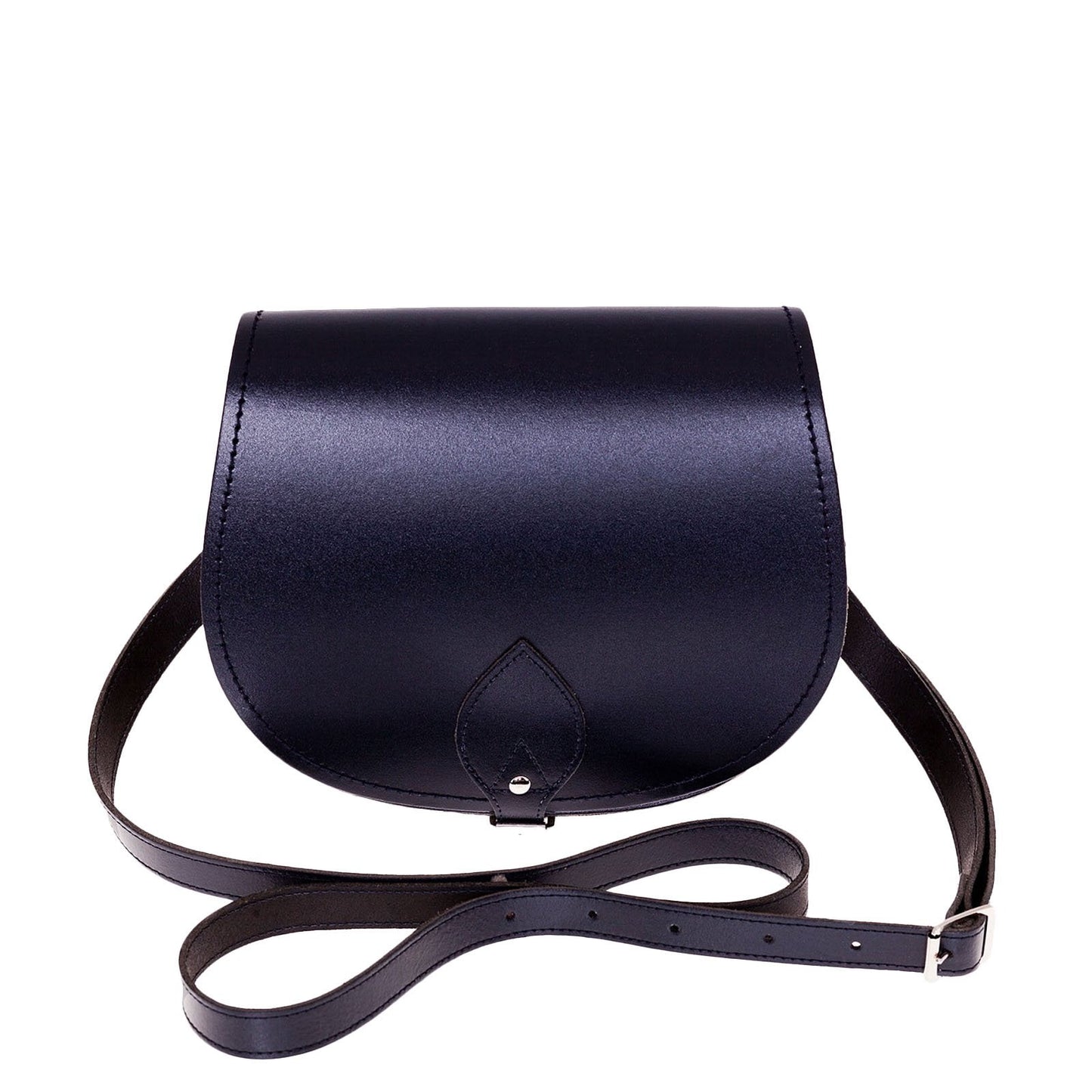 Elegant handmade navy leather saddle bag featuring a classic design with contrasting stitching, ideal for elevating your fashion statement.