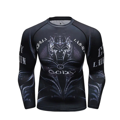 Refined long sleeve men's compression shirt in black featuring elaborate artwork, providing ultimate stretch and breathability for workout enthusiasts.