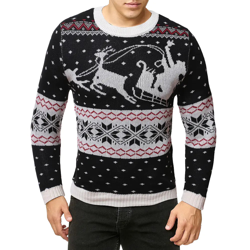 Men's festive reindeer sweater in a black colour with vibrant red and white knitted details, ideal for winter celebrations.