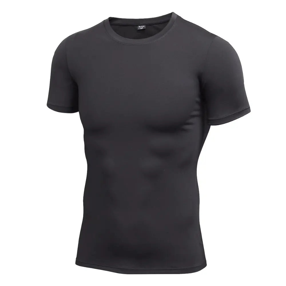 Sophisticated men's dark grey compression t-shirt, perfect for fitness enthusiasts, emphasising sleek design and snug fit.