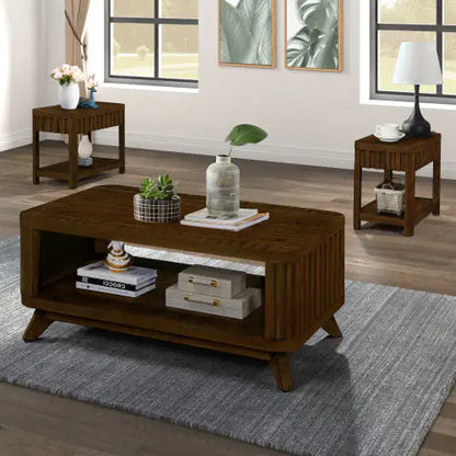 Elegant walnut rectangular coffee table with open storage shelf, stylishly designed for modern living rooms, displayed in a contemporary interior setting alongside matching furniture.