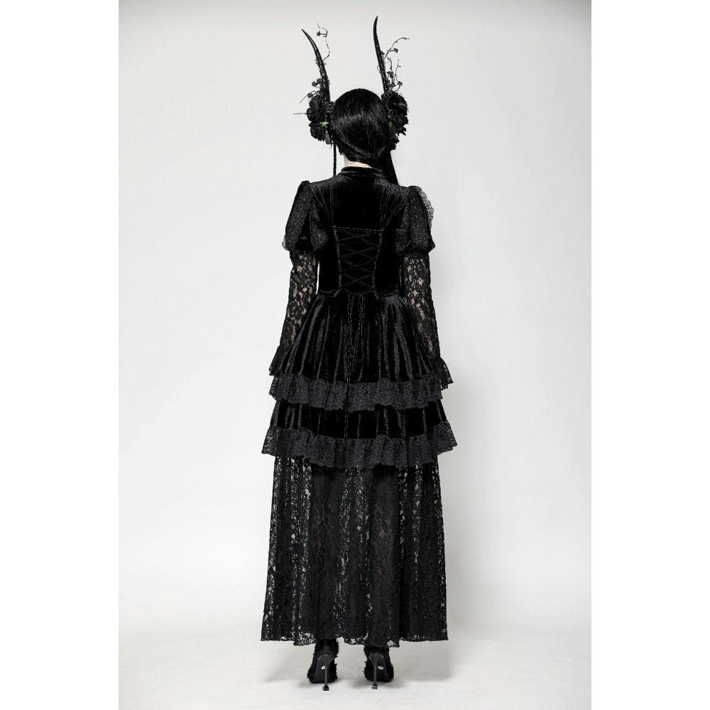 Back view of the Dark in Love Onyx Velvet Gown, displaying the exquisite stitching and fitted silhouette that enhances the gothic princess aesthetic.