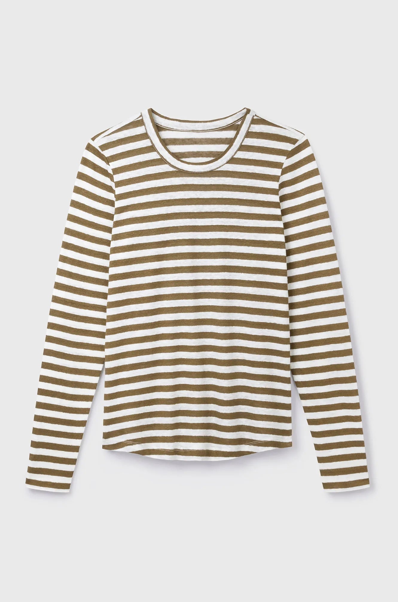 Close-up detail of high-quality linen texture on women's striped t-shirt, perfect for summer wardrobes.