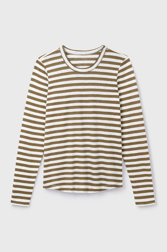 Close-up detail of high-quality linen texture on women's striped t-shirt, perfect for summer wardrobes.