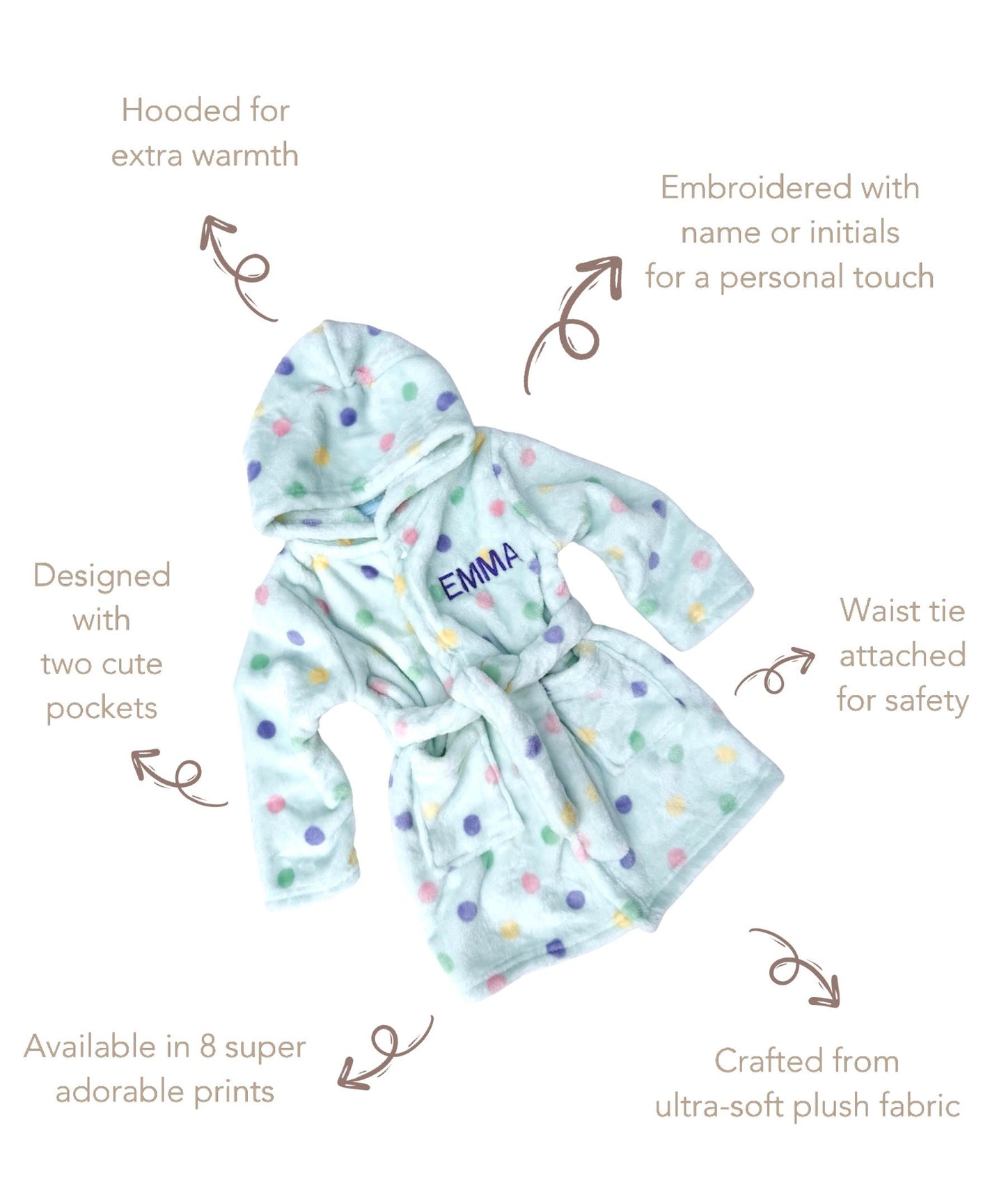 Luxurious personalised embroidered baby robe from DreamBuy featuring playful cherries print, perfect for newborns to 3 years.