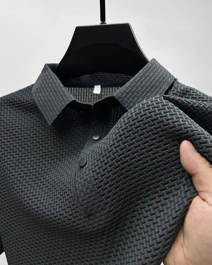 Elegant styling of the Men's AirElegance Polo Tee by Dazzling Dreams Studio, perfect for business and casual occasions.