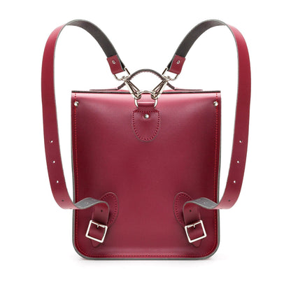 Compact and stylish Oxblood leather backpack resting on a chic urban setting, perfect for modern city explorers.