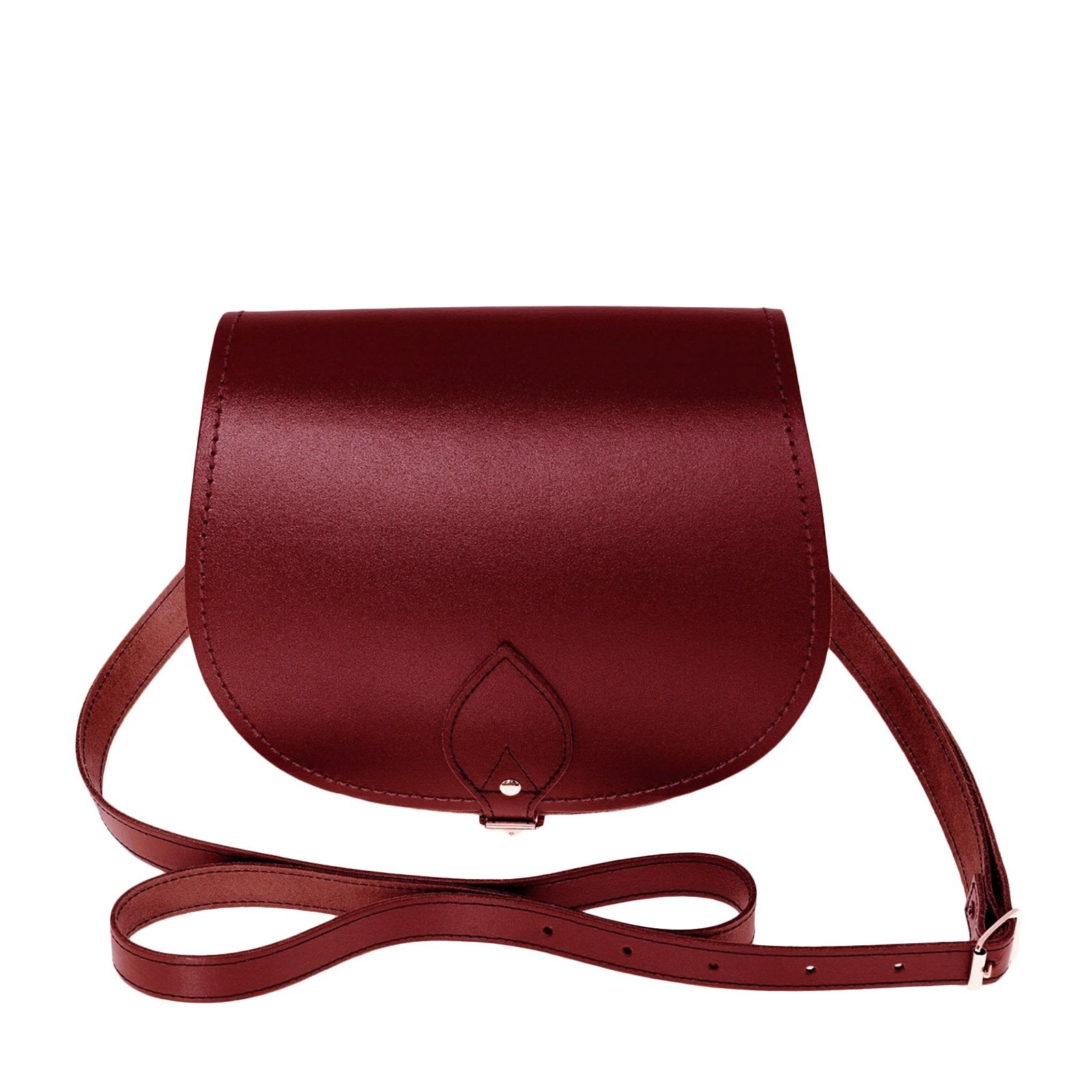 Luxury Handmade Oxblood Leather Saddle Bag with Adjustable Strap - Small and Large Sizes, showcasing a rich oxblood hue and elegant craftsmanship, designed for versatile styling and personalisation options.