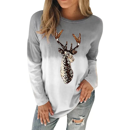 Chic women's reindeer sweatshirt in soft grey, featuring an embellished deer graphic, designed for a luxurious holiday style.
