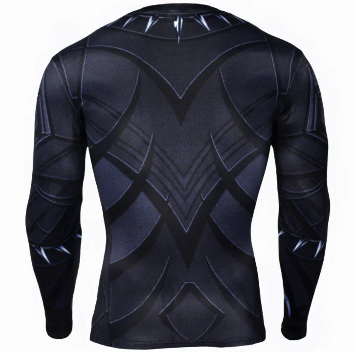 Back view of a sophisticated black long sleeve compression athletic tee, adorned with Black Panther motifs, ideal for activewear.