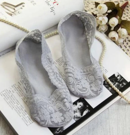 Elegant non-slip no show lace socks by Dazzling Dreams Studio, showcasing soft breathable fabric perfect for all occasions.
