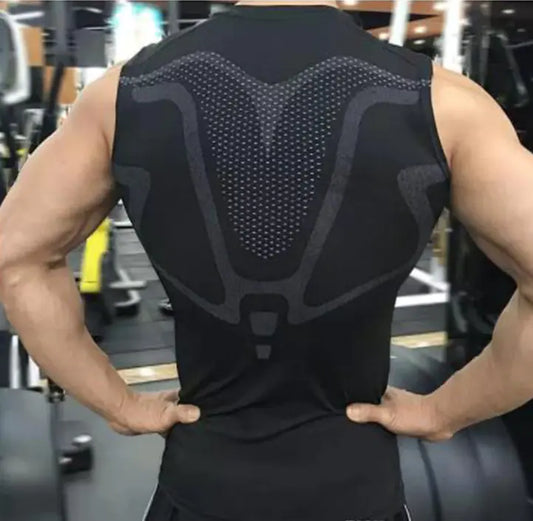 Back view of a luxury black compression tank top featuring breathable mesh, ideal for high-performance training.