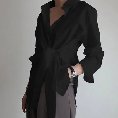 Elegant Long Sleeve Ruched Tie Front Blouse by Dazzling Dreams Studio in classic black, ideal for sophisticated office attire.