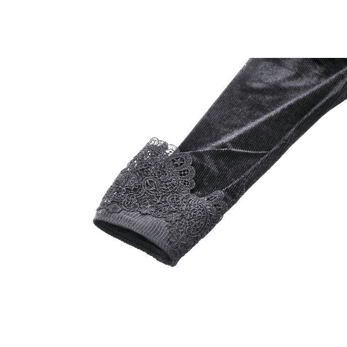 Close-up view of the intricate lace and velvet details of the Dark In Love Inez Gown, showcasing Victorian-inspired luxury design.