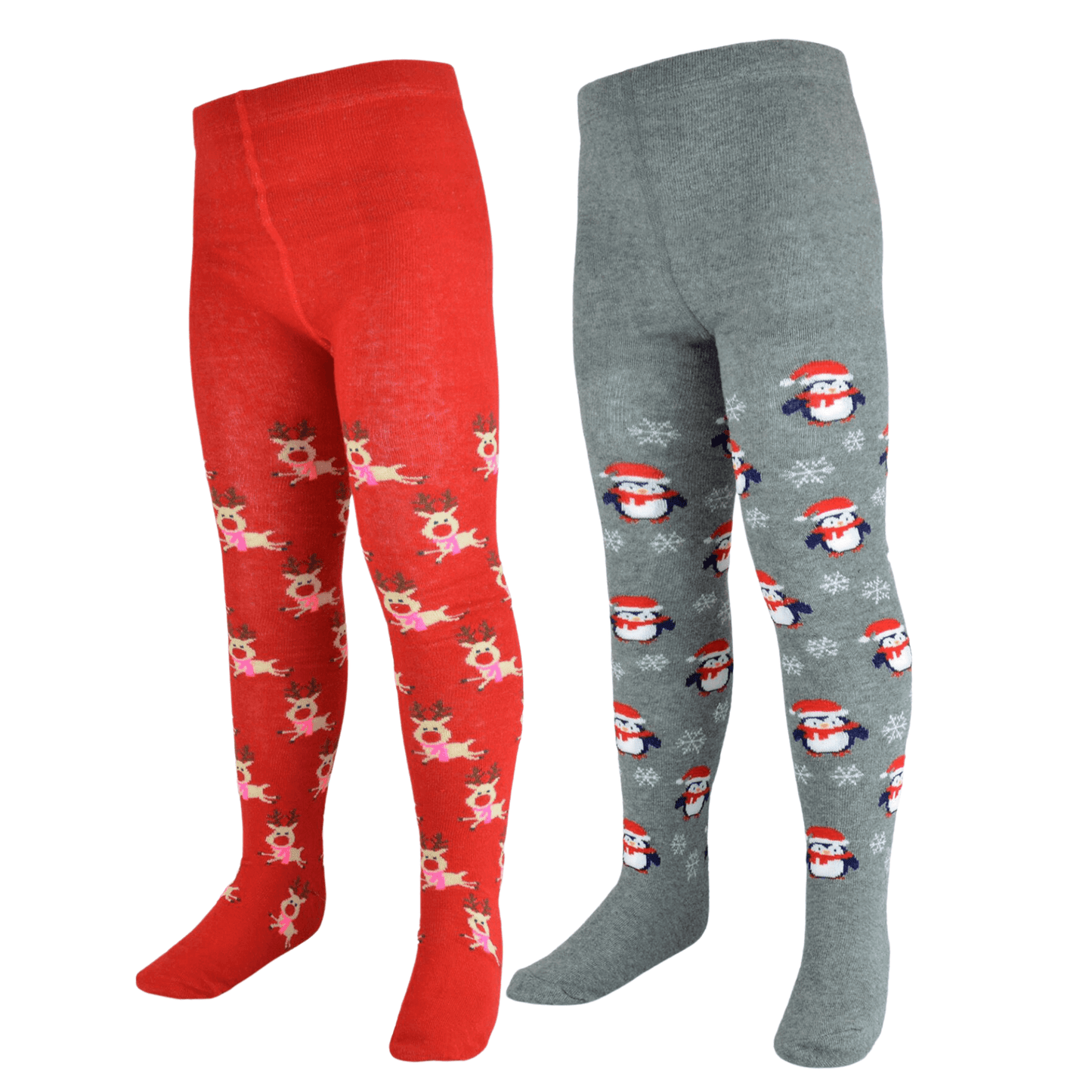 Pack of 2 Girls Christmas Tights Reindeer and Penguin Festive Cotton Rich Kids Leggings Comfortable Durable Winter Holiday Tights Sock Stack