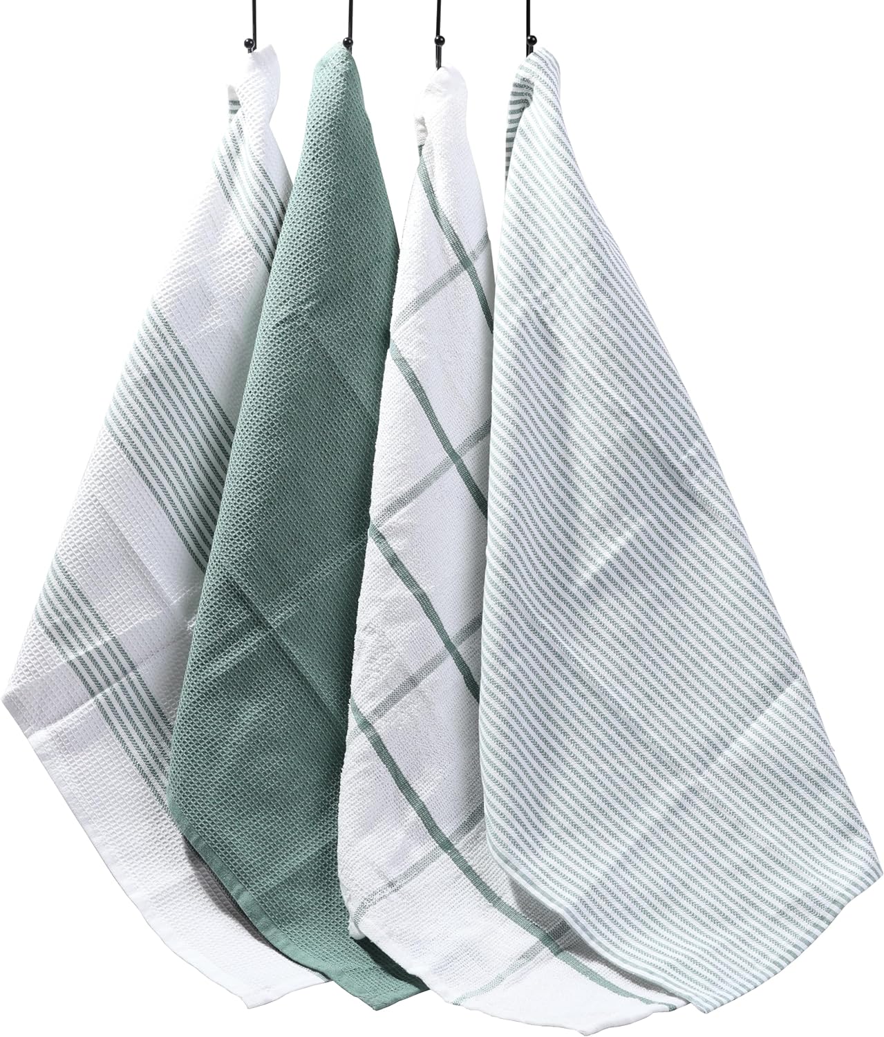 Pack of 4 luxury green cotton tea towels, designed for elegance and efficiency in kitchen tasks.