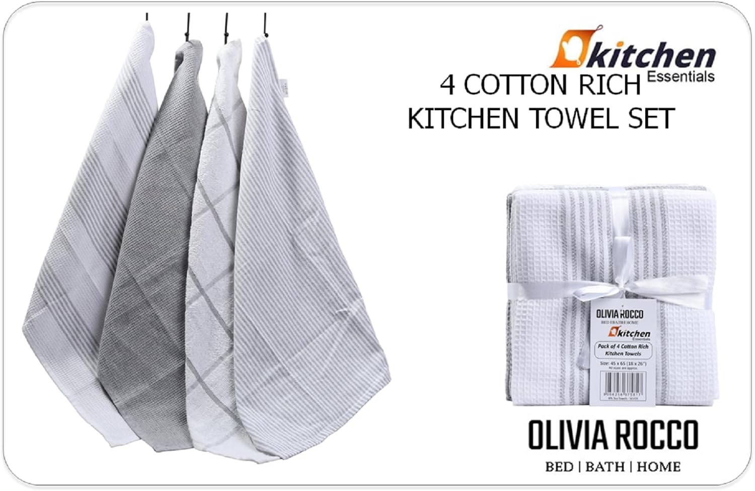 Set of four elegant green cotton tea towels, featuring a sophisticated design and long-lasting durability, designed for effortless kitchen chores by OLIVIA ROCCO.