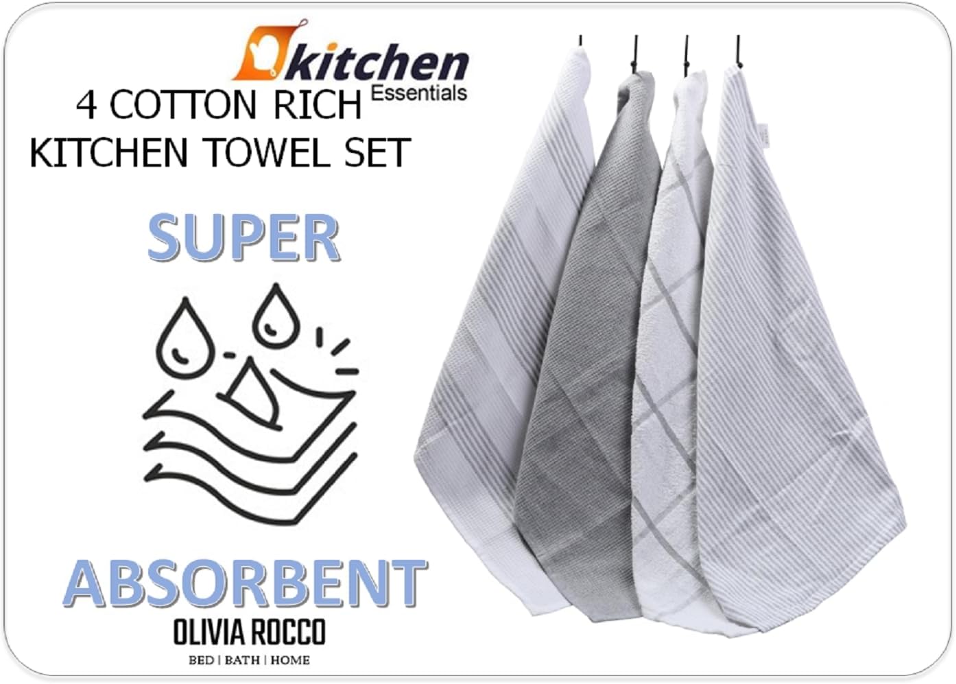 Charming green cotton tea towels by OLIVIA ROCCO, elegantly displayed, combining functionality and luxury for the modern kitchen aesthetic.