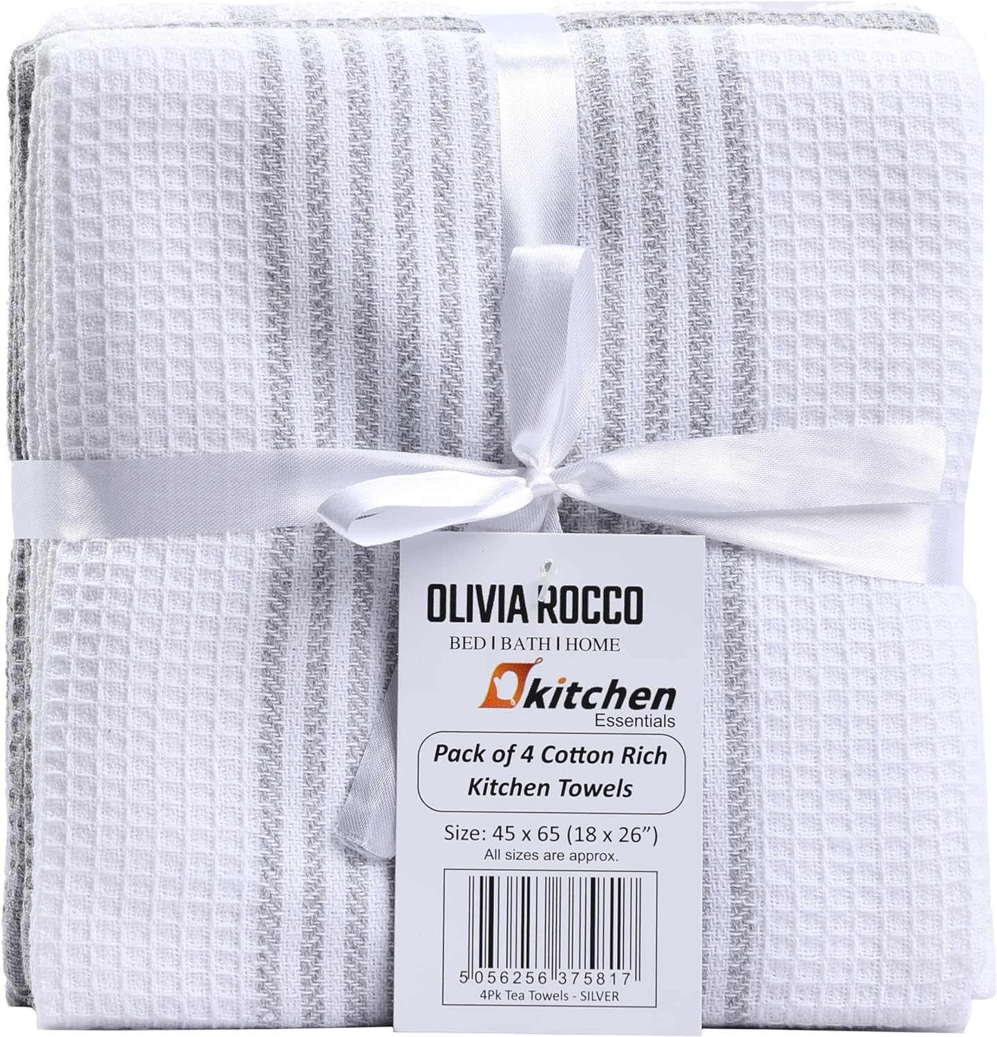 Pack of 4 luxurious green cotton tea towels by OLIVIA ROCCO, showcasing superior absorbent quality and elegant design, perfect for enhancing kitchen aesthetics.