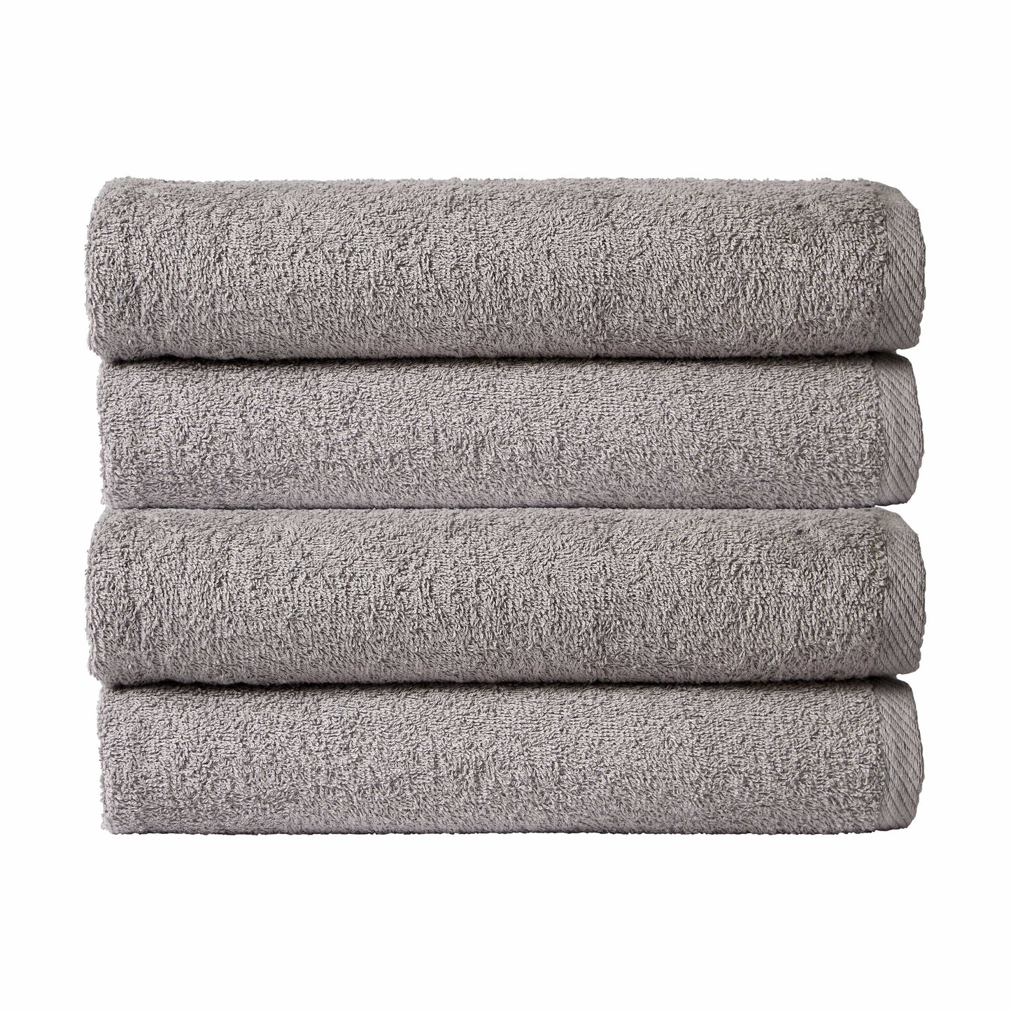 Four neatly folded large quick-drying cotton bath sheets in an elegant array of colours, perfect for home or travel, highlighting their easycare features.