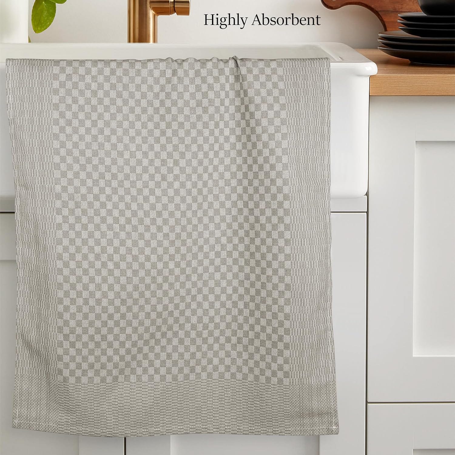 Elegant 100% cotton super absorbent kitchen tea towels, designed with a classic checkered pattern to enhance kitchen aesthetics.