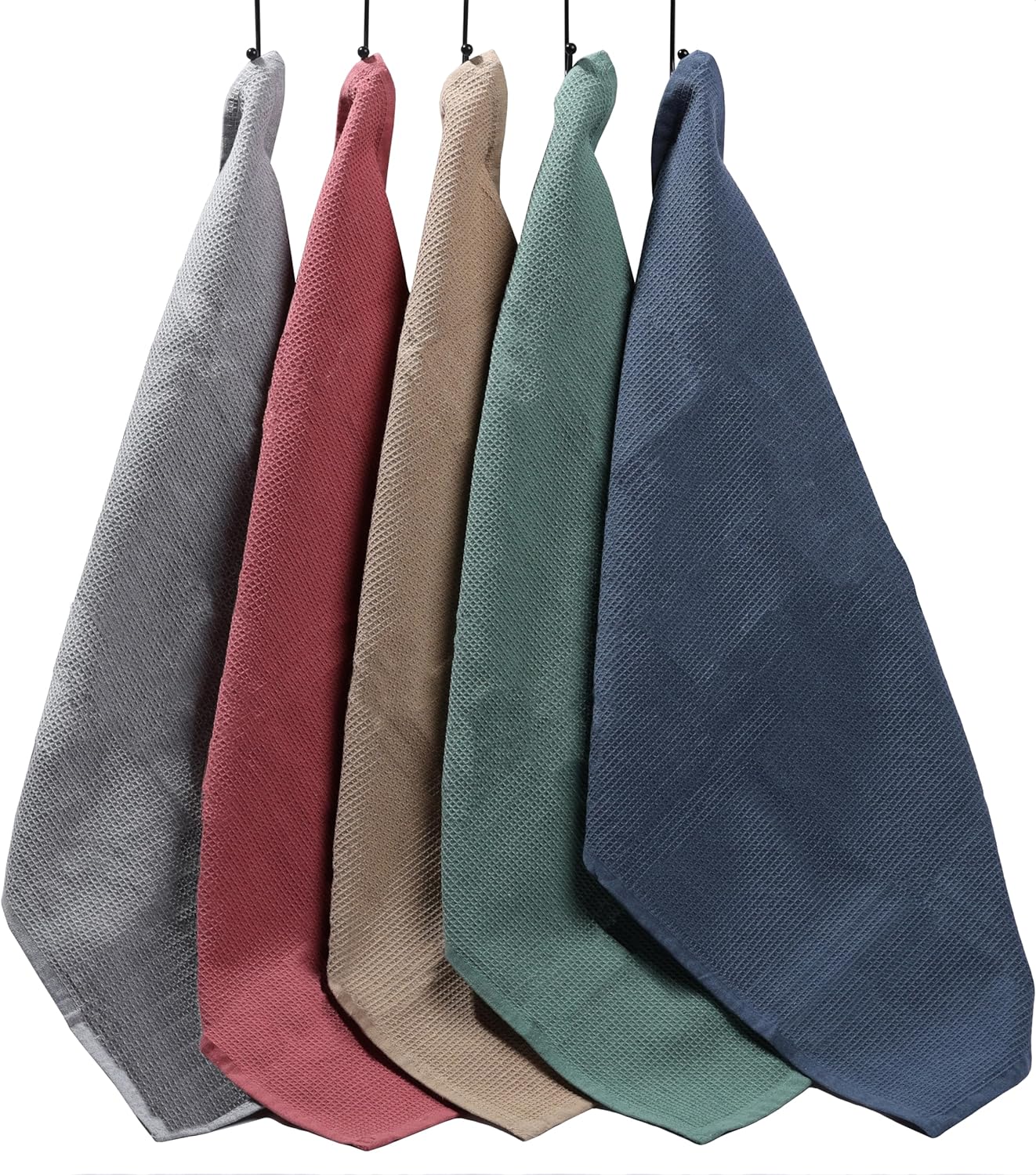 An elegant display of five ultra-absorbent waffle kitchen tea towels by OLIVIA ROCCO, crafted from soft cotton in assorted vibrant colours, measuring 45 x 65 cm, showcasing their textured design and luxurious quality.