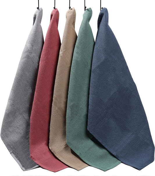 An elegant display of five ultra-absorbent waffle kitchen tea towels by OLIVIA ROCCO, crafted from soft cotton in assorted vibrant colours, measuring 45 x 65 cm, showcasing their textured design and luxurious quality.