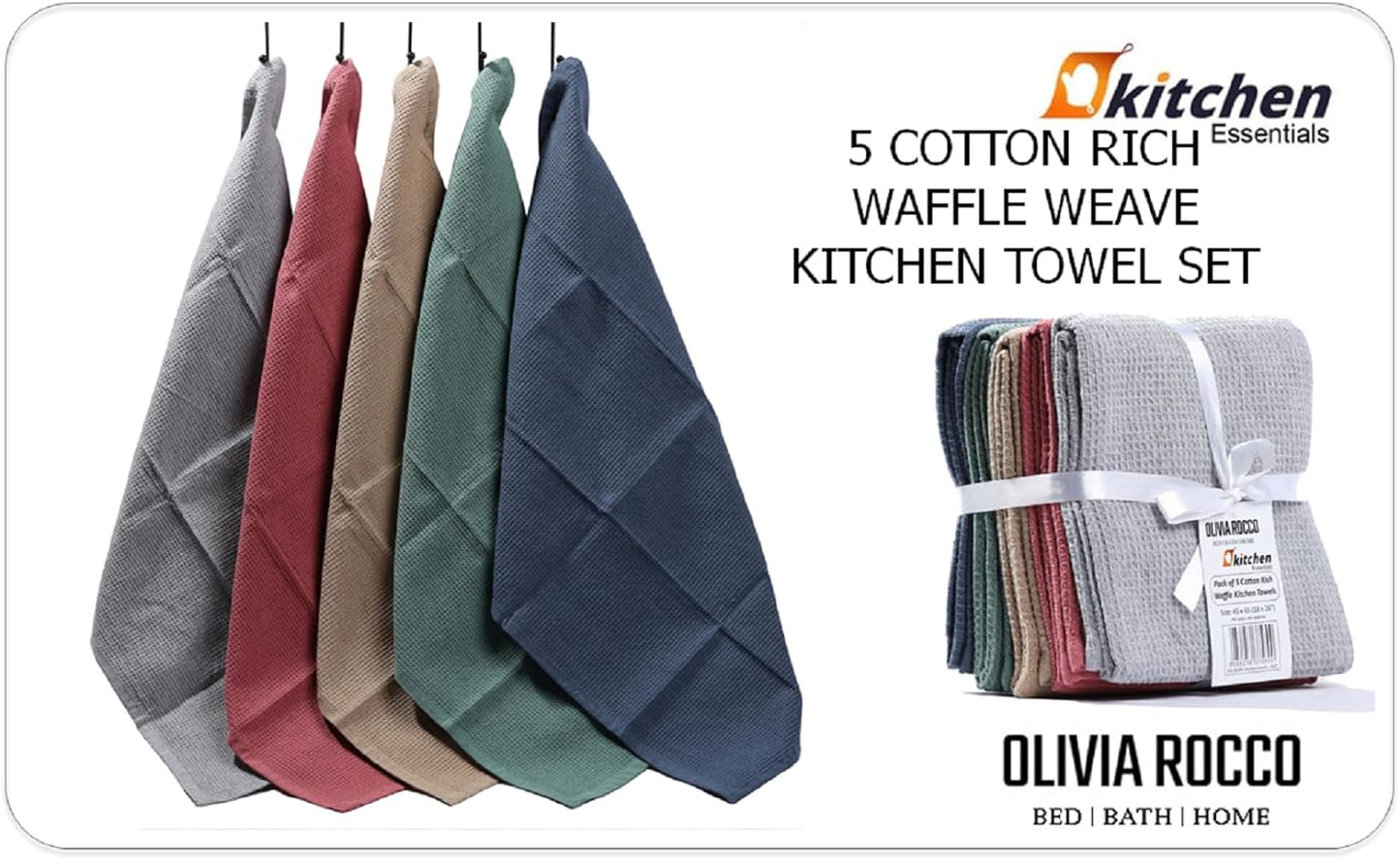 A beautifully arranged set of 5 OLIVIA ROCCO kitchen tea towels, highlighting the chic colours and durable cotton material, ideal for enhancing kitchen décor with practical elegance.