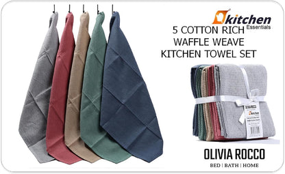 A beautifully arranged set of 5 OLIVIA ROCCO kitchen tea towels, highlighting the chic colours and durable cotton material, ideal for enhancing kitchen décor with practical elegance.