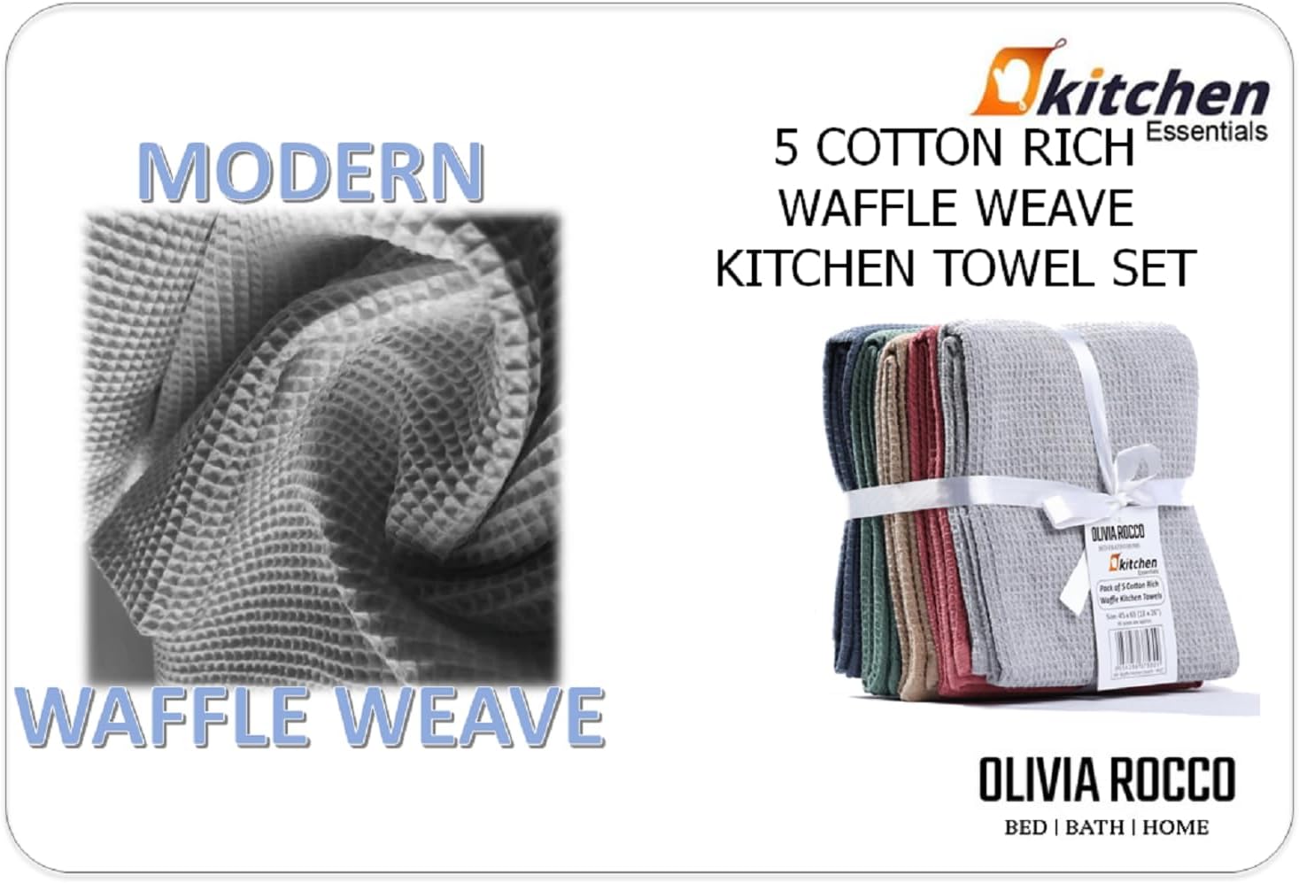 Luxurious pack of 5 ultra absorbent waffle kitchen tea towels in assorted colours, crafted from soft cotton for effortless drying and durability, ideal for elegant kitchen decor.