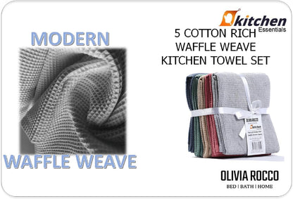 Luxurious pack of 5 ultra absorbent waffle kitchen tea towels in assorted colours, crafted from soft cotton for effortless drying and durability, ideal for elegant kitchen decor.