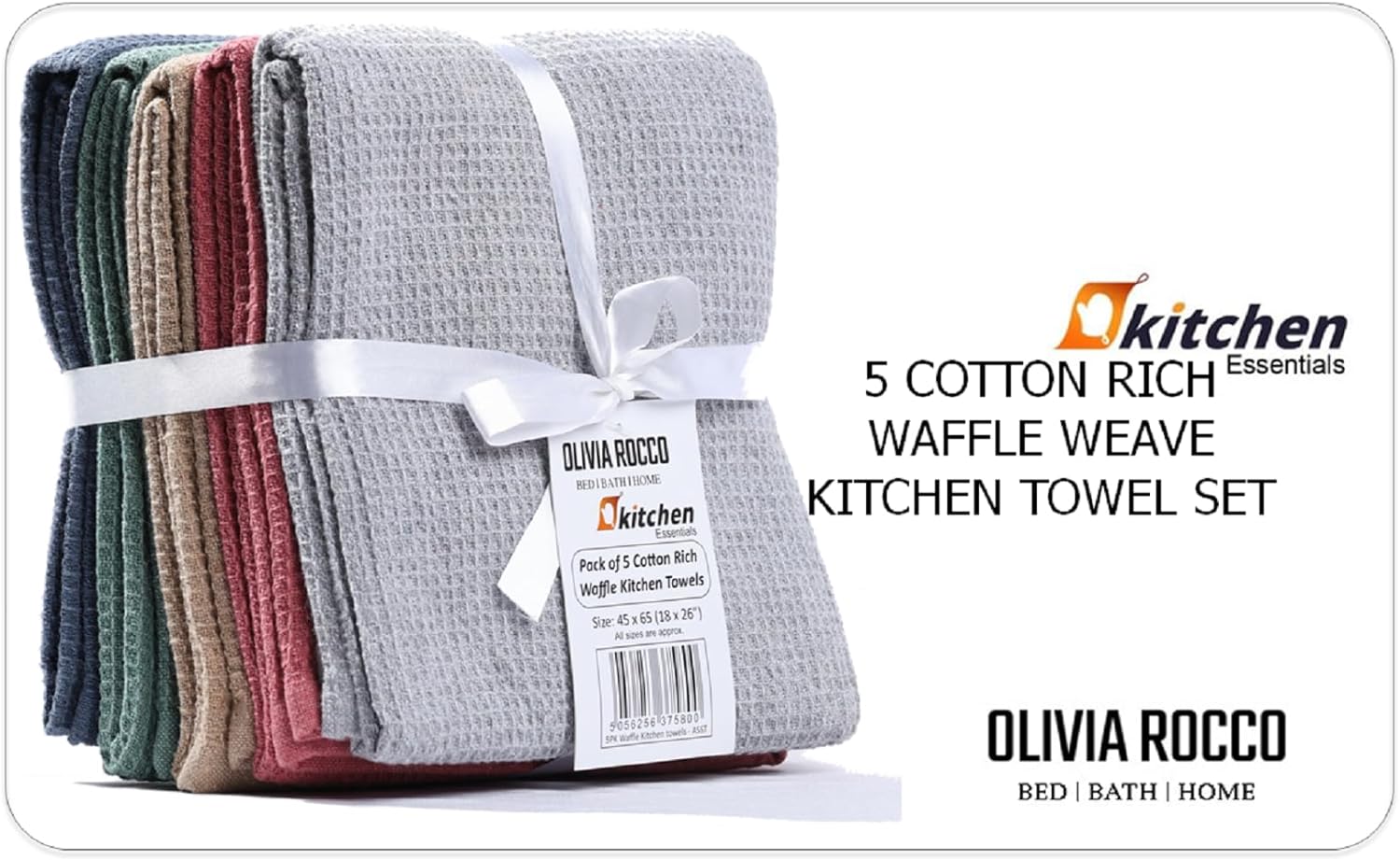 An attractive image of OLIVIA ROCCO kitchen tea towels in varied colours, showcasing the soft cotton fabric and waffle weave texture, perfect for quick drying and versatile kitchen tasks.