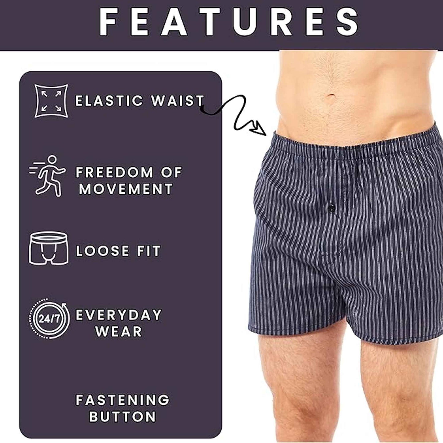 Pack of 6 mens loose fit boxers with comfort waistband bu...