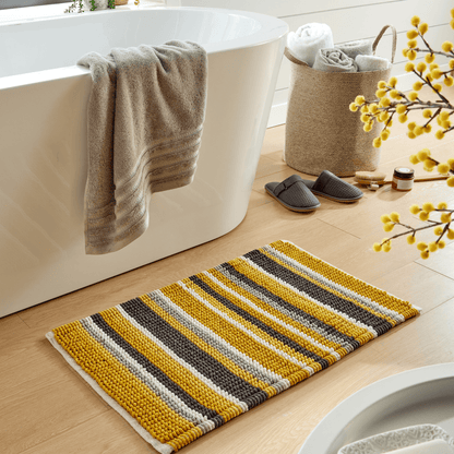 Machine washable Padstow Stripe Bathmat, demonstrating easy maintenance and durability, ideal for luxurious everyday use in modern bathrooms.