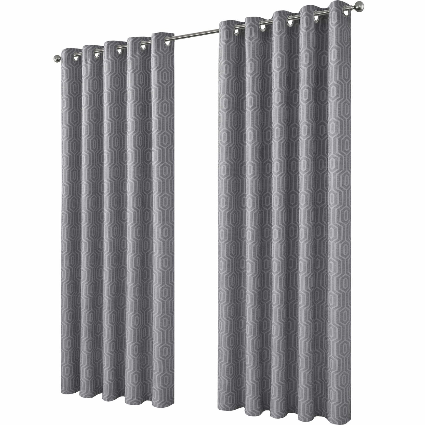 Luxurious Paris Eyelet Jacquard Curtains featuring an elegant grey geometric pattern, designed for superior light blocking and thermal insulation.